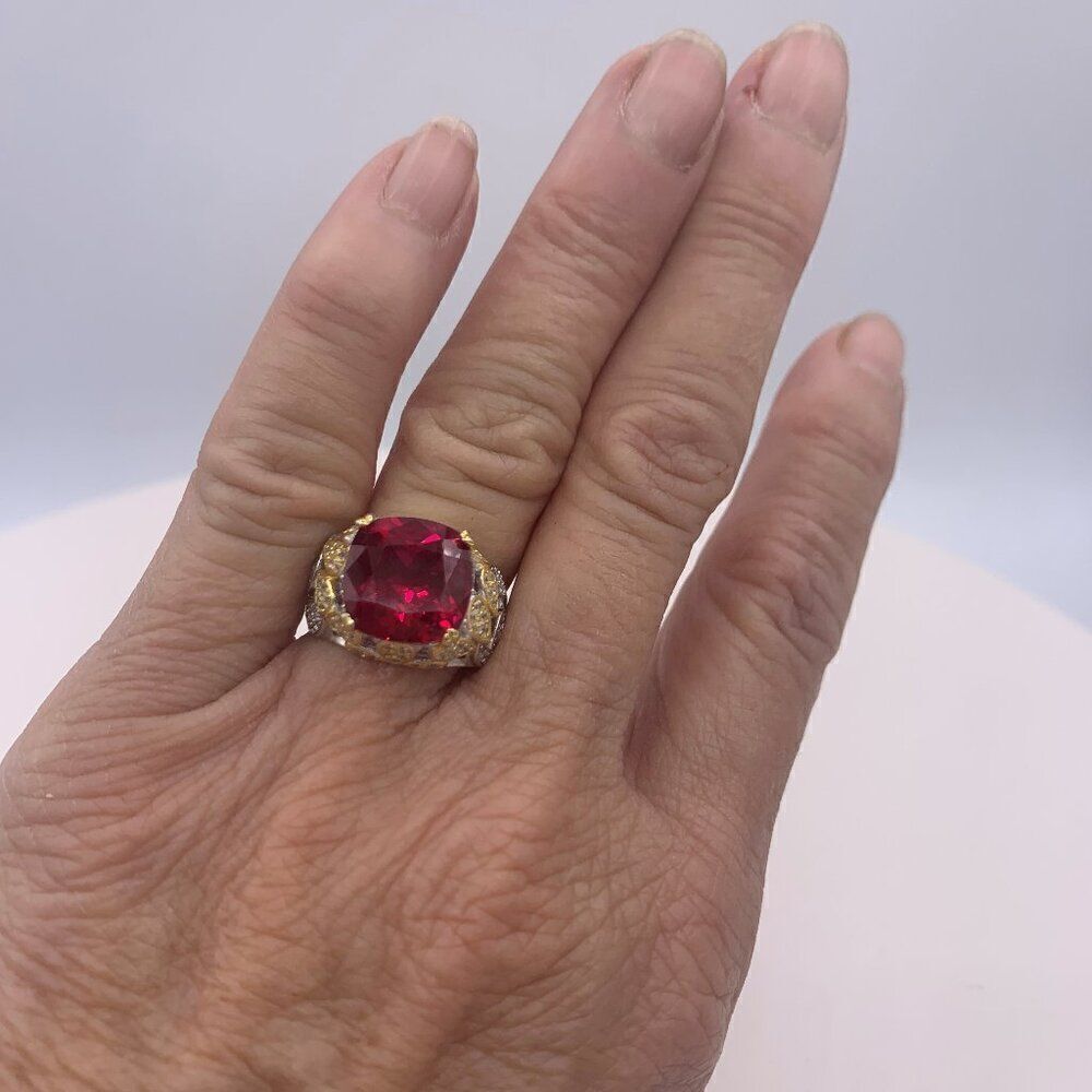 Ring, NWOT, solid 925 sterling silver, 18 k gold accents, lab ruby sz 7